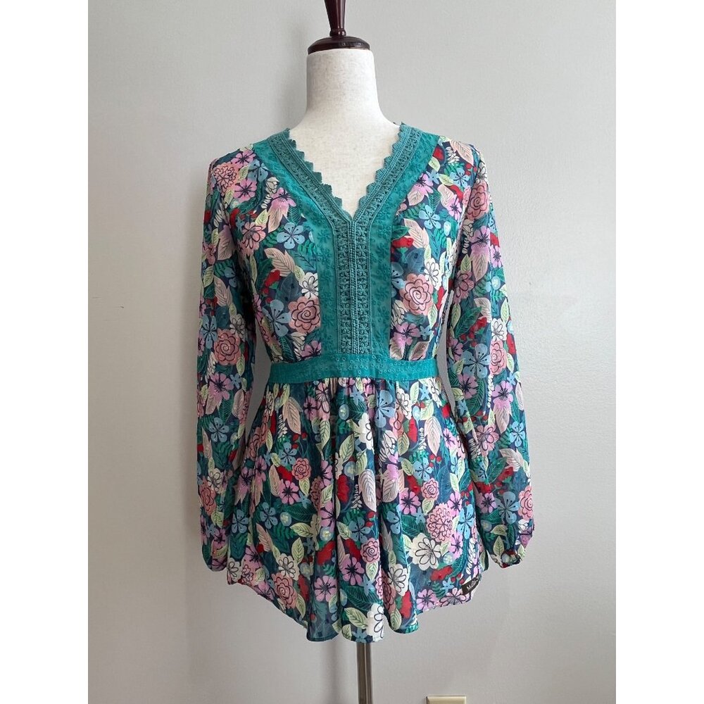 Matilda Jane Kookaburra Tunic Blouse Womens S Turquoise Floral Print Crochet